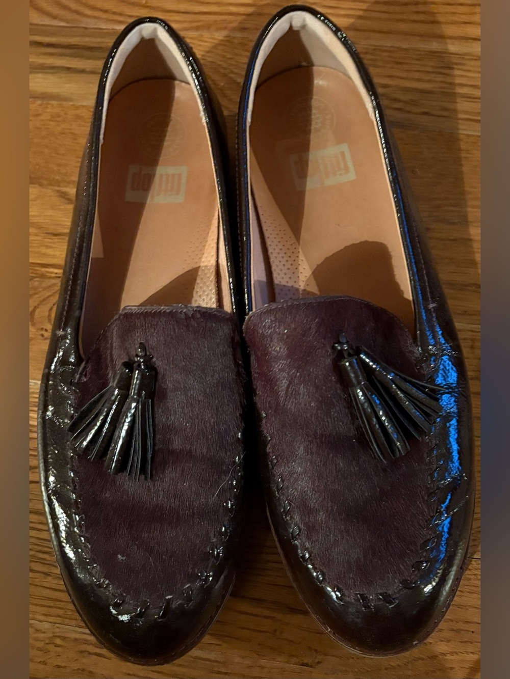 FitFlop “Paige” Cordovan Haircalf Tassel Loafer w/Patent Leather Trim, Size 11